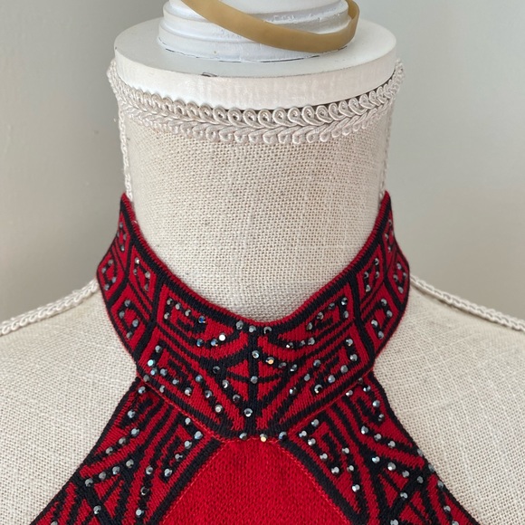 St John Evening by Marie Gray Red Black Halter Knit Dress - Picture 3 of 11